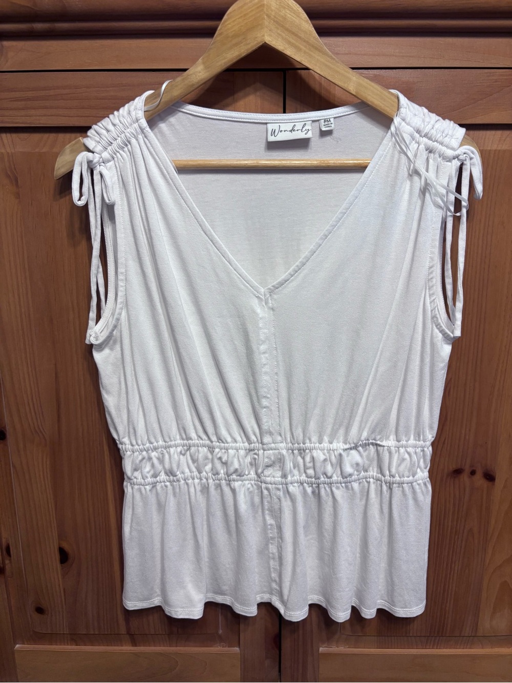 Wonderly White V-Neck Sleeveless Ruched Tie-Waist Tank
